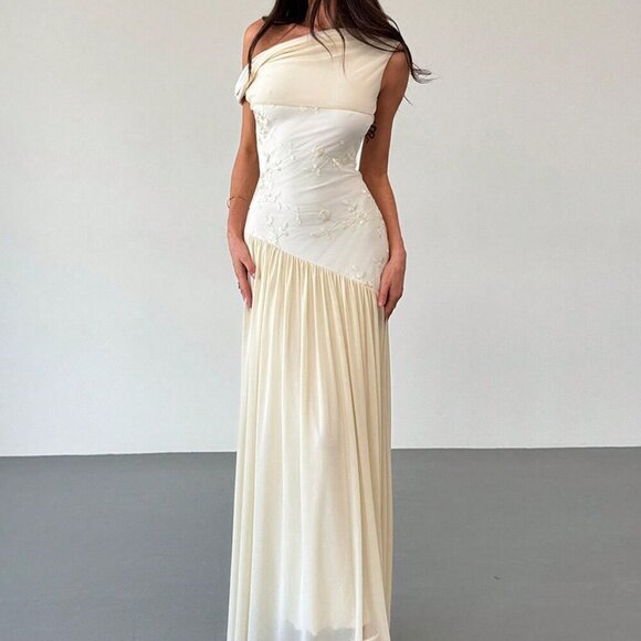 Apricot Elegant Women's Off Shoulder Mesh Floral Embroidered Maxi Dress - Picture 1 of 9